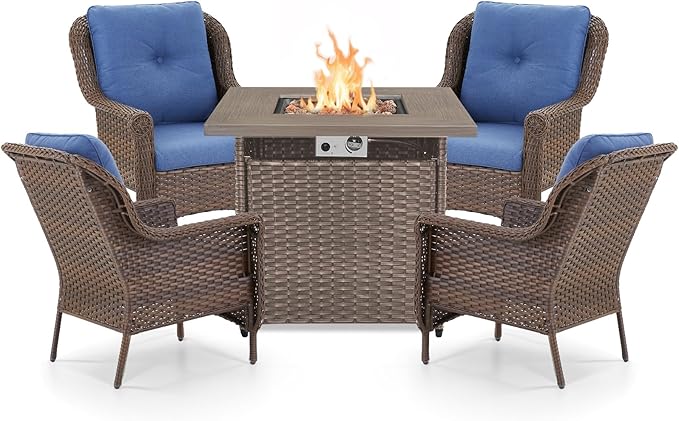 Outdoor Patio Chairs with Fire Pit Table 5 Piece Set - High Back Brown Wicker Rattan Lawn Chair with Thick Cushion for Porch Apartment Deck Yard Poolside Garden - Navy Blue