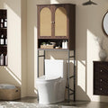 Rattan Toilet Storage Cabinet, Over The Rack Wood Cabinet with Metal Stand, Bathroom Organizer with Adjustable Shelf, Space Saving Cupboard for Small Bathrooms, Washer Shelf, Dark Brown
