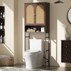 Rattan Toilet Storage Cabinet, Over The Rack Wood Cabinet with Metal Stand, Bathroom Organizer with Adjustable Shelf, Space Saving Cupboard for Small Bathrooms, Washer Shelf, Dark Brown