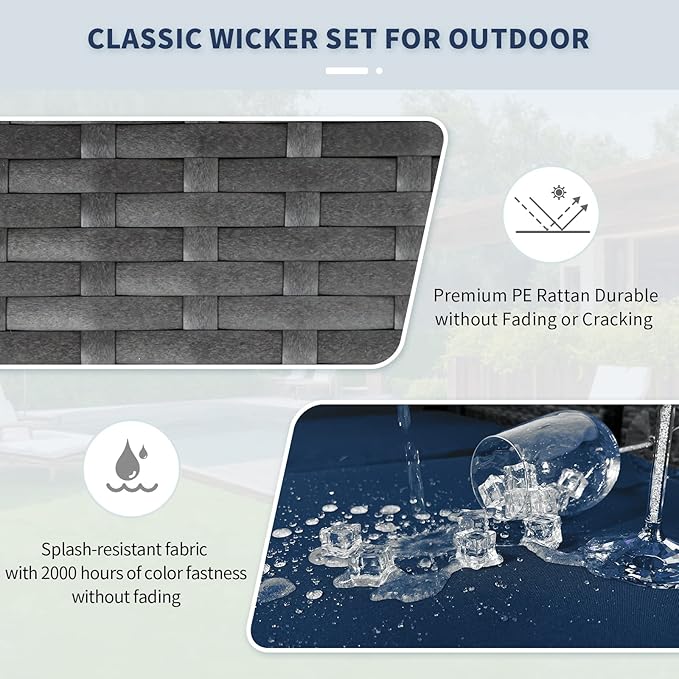 NICESOUL Outdoor Sofa Set of 8, Deep Seating Extra Large Patio Conversation Set, 29.3'' High Back Modern Luxury Wicker Modular Sectional for Backyard Lawn Deck Garden, 2 Color Cushions Navy & Gray