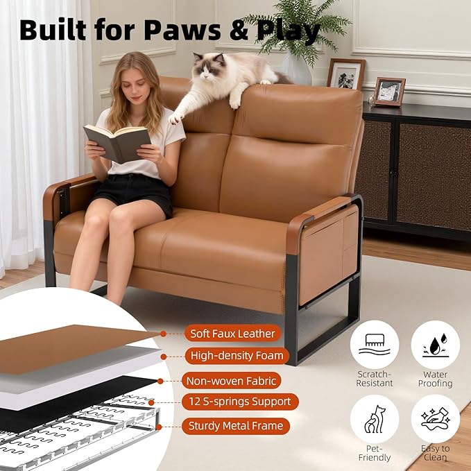 Faux Leather Loveseat, Upholstered Loveseat with Side Tray Table & Storage Pocket, Small Loveseat for Living Room, Modern 2 Seater Sofa Couch for Small Spaces, Bedroom, Brown