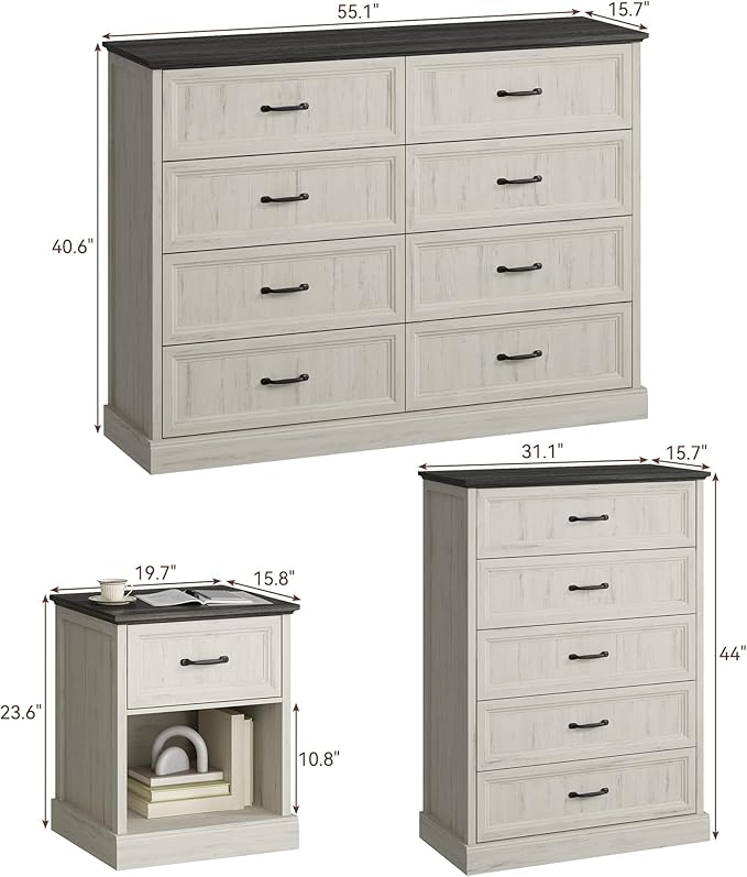 CARPETNAL Farmhouse Dresser and Nightstand Sets for Bedroom, 4 Pcs Bedroom Set, 5 Drawer & 8 Drawer Dresser and Nightstand Set of 2, Wood Chest of Drawers for Living Room, Entryway, White