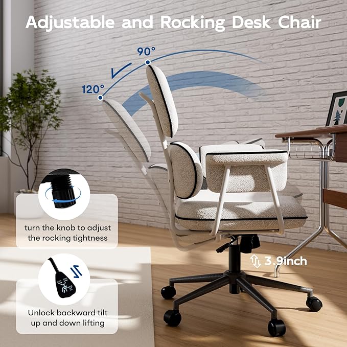 Fabric Office Chair with Granular Linen, Mid Back Vintage Desk Chair with Wheels and Wide Arms, Mid Century Modern Home Office Desk Chairs with Molded Cotton Seat Cushion, Adjustable Height, White