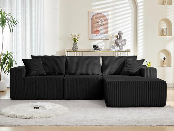 107" Cloud Sectional Couch, Modular Sectional Sofa with L-Shape Chaise, Corduroy Boneless Couch with Deep Seat, Upholstered Sofa for Living Room, No Assembly Required(Right-Facing Chaise, Black)