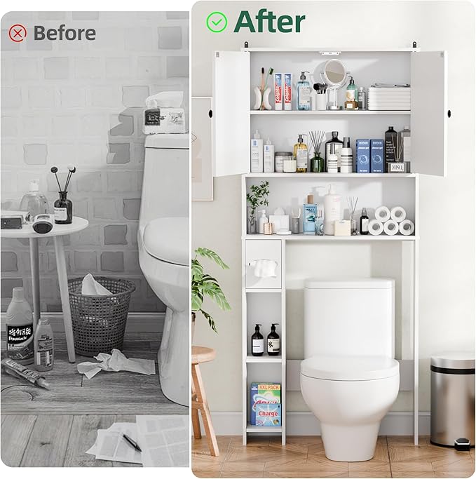 Over The Toilet Storage Cabinet, 65" Tall Bathroom Space Saver with 2 Doors & 2 Adjustable Shelves, Freestanding Organizer Toilet Cabinet for Bathroom, Laundry Room, Modern White Storage Unit