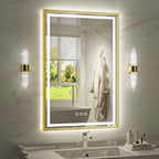 24X36 Inch Led Bathroom Mirror,Frontlit & Backlit Lighted Mirror,Gold Metal Frame Vanity Mirror for Wall,Double Lights Strips,Anti Fog Stepless 3 Colors Temperature & Dimmable
