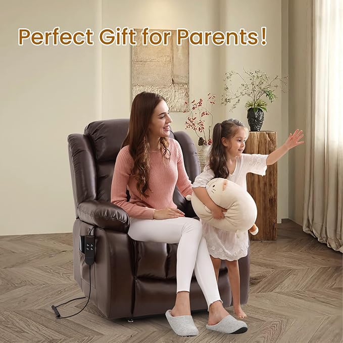 TEKAMON Power Lift Recliner Chair for Elderly with Heat & Massage, Dual Motor Breathable Leather Recliner, Lay Flat Sleeping Chairs with Infinite Position, RemoteControl(Brown, Extended)