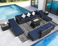 NICESOUL 13 Piece Outdoor Couch with Firepit Table, Durable Hevy Duty Wicker Patio Furniture with Lounger, Big Large Sectional 10-Seats with Long Propane/Natural Gas Firepit and Chaise, Gray&Navy Blue