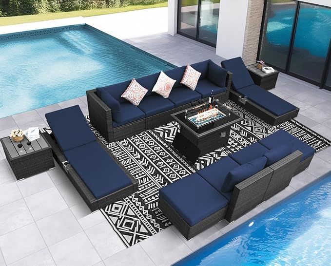 NICESOUL 13 Piece Outdoor Couch with Firepit Table, Durable Hevy Duty Wicker Patio Furniture with Lounger, Big Large Sectional 10-Seats with Long Propane/Natural Gas Firepit and Chaise, Gray&Navy Blue