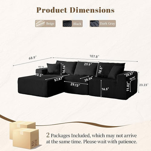 107" Cloud Sectional Couch, Modular Sectional Sofa with L-Shape Chaise, Corduroy Boneless Couch with Deep Seat, Upholstered Sofa for Living Room, No Assembly Required(Left-Facing Chaise, Black)