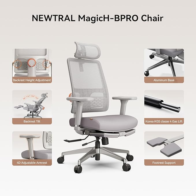 Newtral Office Chair Ergonomic with Footrest, Auto-Following Lumbar Support, High Back Desk Chair with 4D Armrest,136° Tilt Lock, Adjustable Seat Depth & Height (Supreme, Grey)