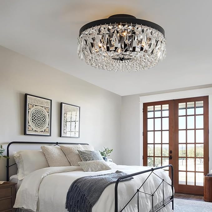 Veronie Crystal Ceiling Light Fixture, 4-Light Modern Semi Flush Mount Ceiling Light, Black Lighting Fixtures Lamp for Hallway, Kitchen, Entryway, Bedroom, Laundry Room