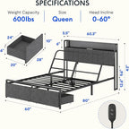 FLEXISPOT Queen Adjustable Bed with Storage Headboard, Charging Station, Head Incline, LED Lighting, Storage Drawers, Quiet Powerful DC Motor, and Easy Assembly
