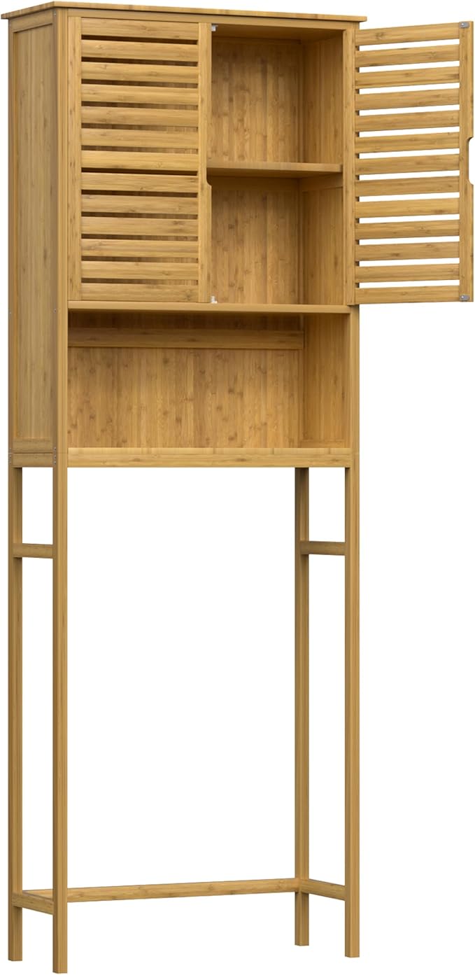 Over-The-Toilet Storage Shelf with Doors, Bathroom Freestanding Bamboo Organizer Space Saver with Adjustable Shelf, Natural