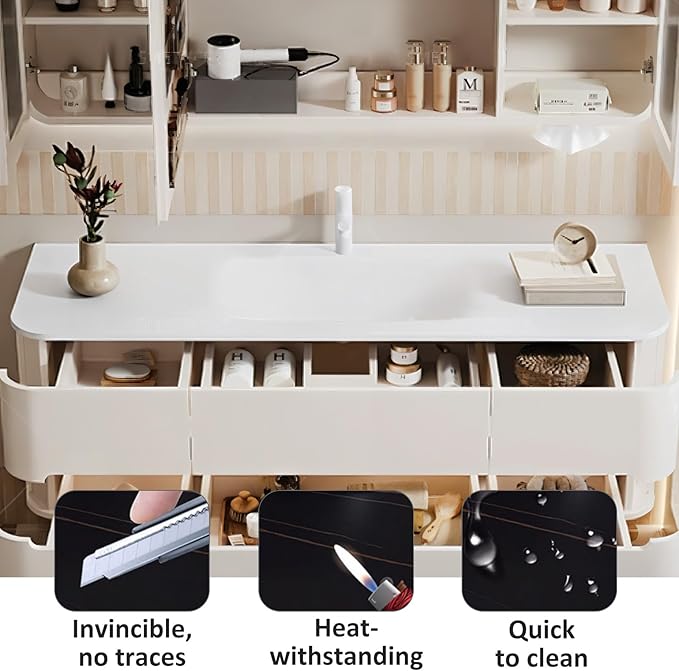 60IN Bathroom Vanity - Bathroom Vanity with Sink with Intelligent Induction Light | Wall-Mounted Bathroom Vanity with Intelligent LED Mirror Cabinet & 6 Drawers, Cream Color