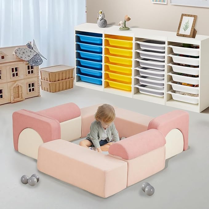 Asweets Kids Play Couch with Tunnel and Balls, Play Couch for Toddlers, Kids Foam Convertible Play Building Fort for Christmas and New Year, Pink