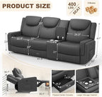 Recliner Sofa, 2 - Way Multi - Function Manual 3 Seater Couch with Cup Holders, Storage & USB Ports, Modern Multifunctional Sofa, Breathable Grey PU Leather Reclining Couch for Living Room