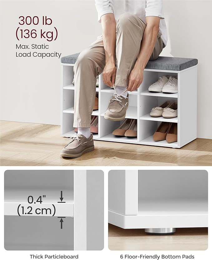 VASAGLE CUSTOS Collection - Shoe Bench, Storage Bench with Padded Seat, Entryway Bench with 9 Compartments, for Bedroom, 11.9 x 30.9 x 18.9 Inches, Cloud White and Dove Gray ULHS009W14