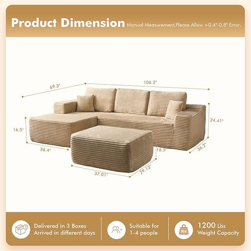 106" Cloud Sectional Couch with L-Shape Chaise & Ottoman, No Assembly Modular Sofa, Deep Seat Plush Corduroy Boneless Couched for Living Room (Beige Plush Corduroy, Left Facing Chaise with Ottoman)