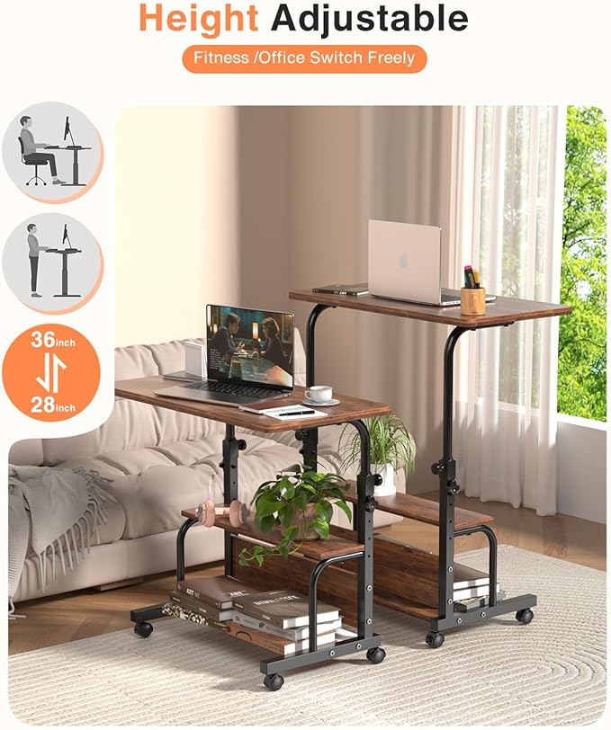 Portable Rolling Desk on Wheels Adjustable Height Desks for Small Spaces, 32" Computer Desk with Storage Shelves for Home Office Rustic