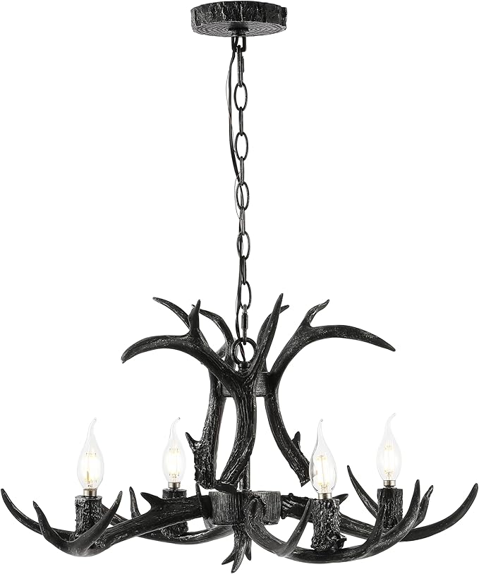 JONATHAN Y JYL6301D Eldora 26" Adjustable Resin Antler 4-Light LED Chandelier, Black for Living Room, Dining Room