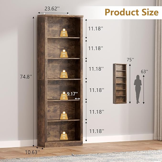 75" Tall Bookshelf & Bookcase, 6-Tier Adjustable Storage Shelves, Book Shelf with Anti-Tipping Device, Floor Standing Modern Display Rack for Living Room, Bedroom, Office, Brown