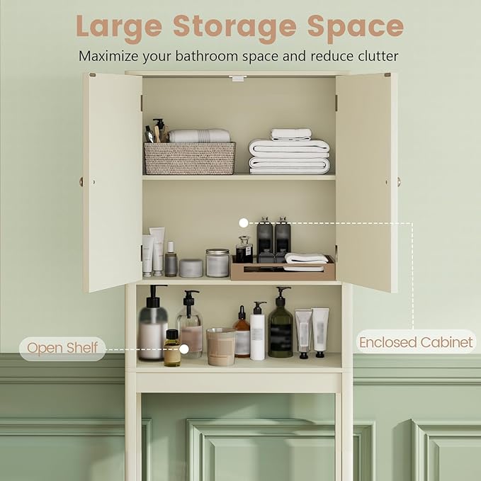 Tangkula Over The Toilet Storage Cabinet, Bathroom Space Saver with Fluted Doors Adjustable Shelf & Bottom Bar, Freestanding Above Toilet Storage Cabinet Organizer for Laundry, Restroom (Cream White)
