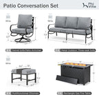 PHI VILLA Patio Furniture Set with FirePit Table, Outdoor Furniture with 1 x 3-Seat Wide Deep Seating Bench, 2 x Swivel Sofa Chairs & 2 Ottomans, 5.75" Thick Cushioned Outdoor Conversation Set, Grey