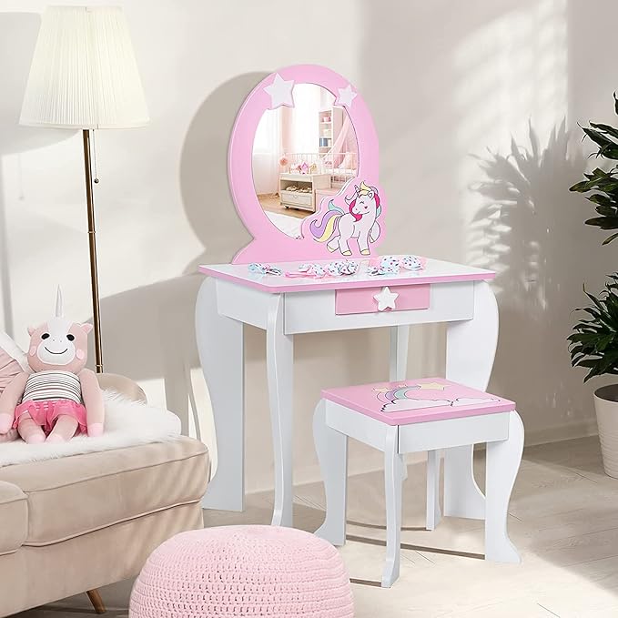 HONEY JOY Unicorn Kids Vanity, Toddler Makeup Table with Mirror and Stool, Wooden Pretend Play Vanity for Little Girls, Detachable Mirror and Storage Drawer, Kids Vanity Table and Chair Set (White)