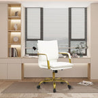 CLATINA Leather Home Office Desk Chair, Swivel Mid-Back Computer Chair with Golden Legs and Arms, Comfy Upholstered Task Chair with Wheels, White