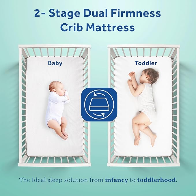 Sealy Baby Cozy Brilliance Breathable Crib Mattress, GREENGUARD GOLD Certified, Made in USA, Firm Dual Firmness, Toddler Bed Fit, Rayon, Waterproof, Non Toxic, Washable Zip Cover, 52” x 28