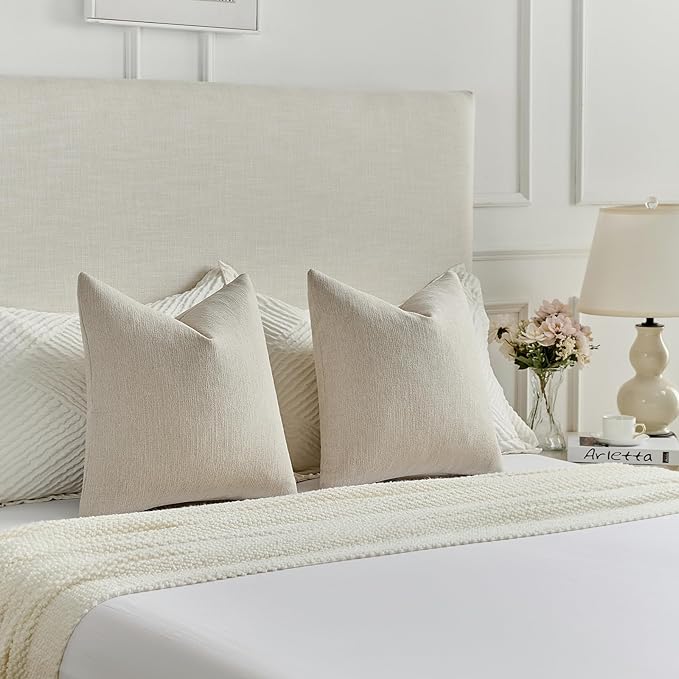 FUTEI Beige Chenille Decorative Throw Pillow Covers 18x18 Inch Set of 2,Soft Cozy Faux Linen Textured Cushion Case,Farmhouse Home Decor for Couch Living Room