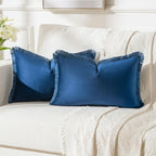 FUTEI Navy Blue Velvet Decorative Throw Pillow Covers 12x20 Set of 2,Soft Cozy Edge with Tassels Lumbar Pillow Cases,Boho Modern Home Decor for Couch Bed Living Room