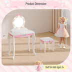TOLEAD Girls Vanity with Lights, Mirror and Stool, Kids Make Up Vanity Set with Storage Space, Wing Pattern for Little Girls, Toddler Princess Makeup Dressing Table with Chair Set, White