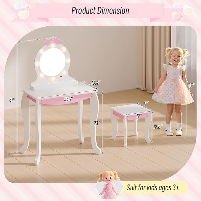 TOLEAD Girls Vanity with Lights, Mirror and Stool, Kids Make Up Vanity Set with Storage Space, Wing Pattern for Little Girls, Toddler Princess Makeup Dressing Table with Chair Set, White