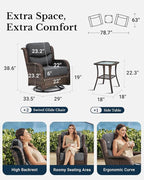 HILLGA Luxury Outdoor Swivel Rocker Patio Chairs of 2 with 6 Inch Thick Cushions and Side Table, Swivel Outdoor Chairs 3PCS High Back Wicker Patio Furniture Set for Porch, Balcony, Deck in Dark Grey