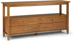 SIMPLIHOME Warm Shaker Wide Console Table - 60 Inch Wide Solid Wood Sofa Table in Light Golden Brown, Transitional Storage for Living Room with 4 Drawers, Open Shelf, and Brushed Nickel Knobs