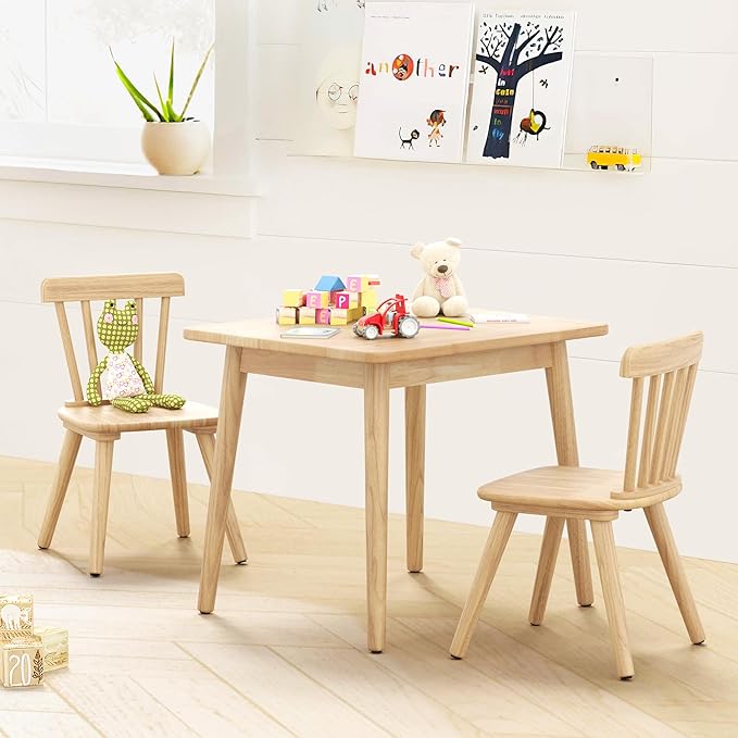 Curipeer Windsor Kids Table and 2 Chair Set, Rubberwood Children Toddler Table and Chair Set with Non-Slip Legs/Round Edge Design for Art, Play, Craft, Activity, Natural Wood