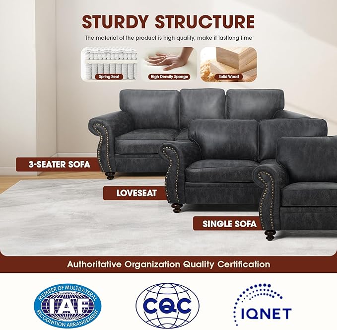 Living Room Furniture Sets,Sofa Sets and Couch Sets for Living Room,Mid-Century Vintage Sofa Couches with Rivet Design (Grey, Single+3 Seater)