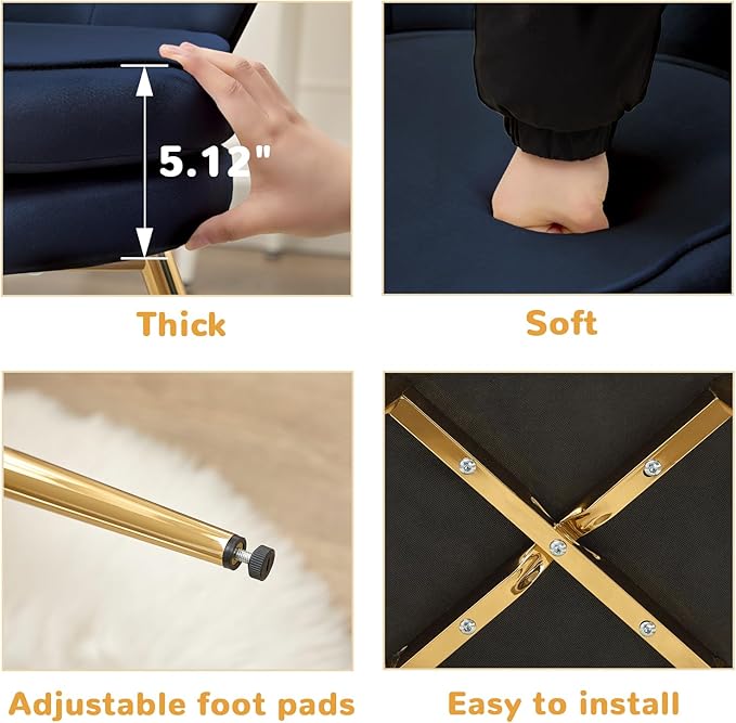 Velvet Vanity Chair with Back, Mid-Century Modern Small Accent Chair for Living Room, Golden Metal Legs Upholstered Makeup Chair, 1Pcs Bedroom Armchair, Dark Blue