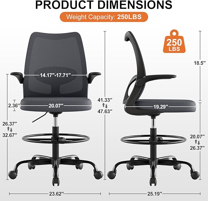 Tall Office Chair for Standing Desks,High Desk Drafting Chair with Adjustable Footrest Ring,Ergonomic Lumbar Support,Flip-Up Armrests for Home Office,Grey