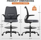 Tall Office Chair for Standing Desks,High Desk Drafting Chair with Adjustable Footrest Ring,Ergonomic Lumbar Support,Flip-Up Armrests for Home Office,Grey