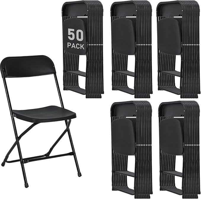 50 Pack Black Plastic Folding Chairs, Portable Stackable Commercial Party Folding Chairs with Steel Frame 350lbs for Home Office Outdoor Indoor Office Wedding Party Events