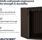 Suncast 134-Gal. Waterproof Resin Extra-Large Outdoor Patio Deck Box with Pad-Lockable Lid, Modern Outdoor Patio Bench/Storage Box for Cushions, Garden Tools, and More, Java