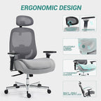 450 LBS Big and Tall Office Chair, Heavy Duty Executive Chair w/4D Arms, Ergonomic Computer Home Desk Chair, Swivel Mesh Chair w/2D Lumbar Support, Adjustable Headrest, Tilt Lock-Grey