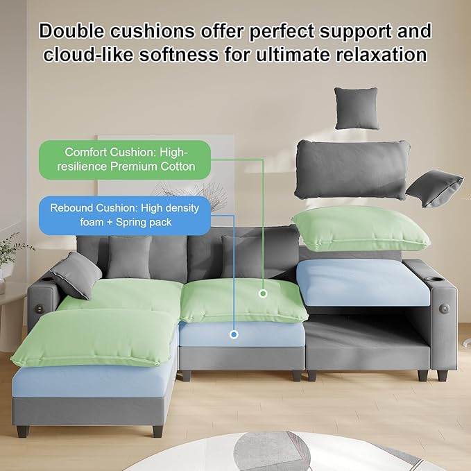 Cloud Couch, Modular Sectional Sofa with Ottoman, Charging Station, Throw Pillows, Cup Holders, Modern Convertible L Shaped Couches for Living Room, Bedroom (Grey, 116"- L Shape)