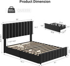 Garvee Queen Size Bed Frame with 4 Storage Drawers, Adjustable Height Headboard, Linen Upholstered Platform Bed Frame, No Box Spring Needed, Easy Assembly, Black