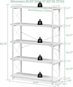 HCHQHS Bookshelf, 5-Tier Industrial Bookcase, White Open Book Shelf, Freestanding Tall Bookshelves with Metal Frame