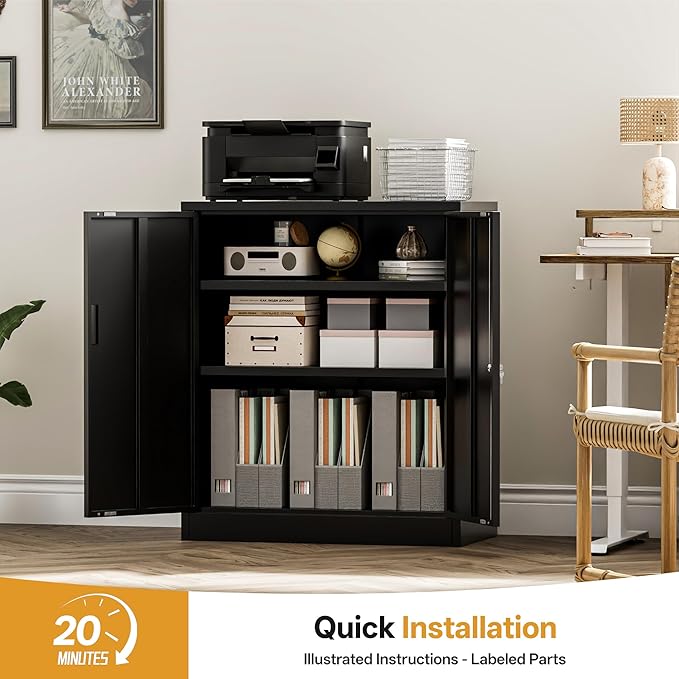 Metal Storage Cabinet 36" H,Steel Locking Cabinet with 2 Lockable Doors and 2 Adjustable Shelves Easy to Assemble for Home Office, Garage,School, Apartment, Warehouse, Utility Room,Black