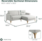 Studio Living® Matthew 83.5" Sofa Chaise, Mid-Century Modern, Pocket Coil Comfort, Reversable Chaise, Metal Brushed Bronze Legs, Chenille Fabric, Ivory